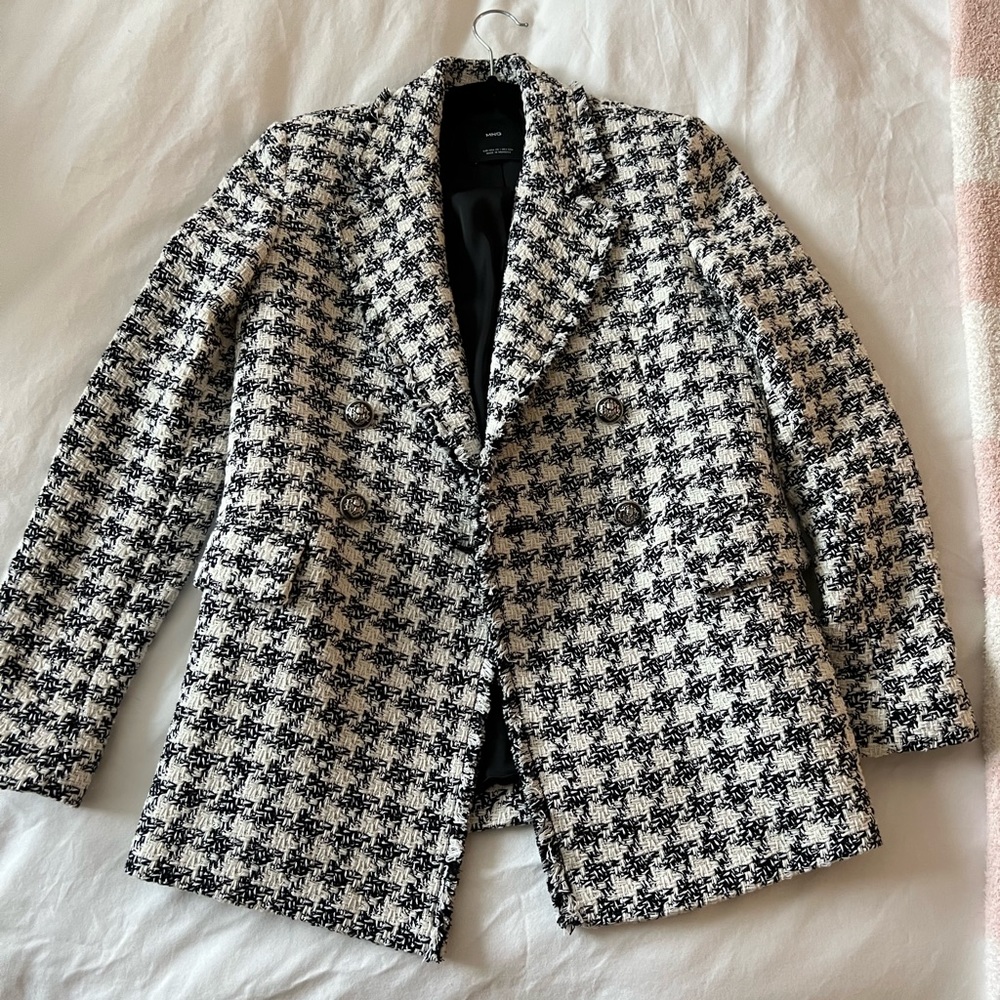 Mango Black and White Houndstooth Double-Breasted Blazer